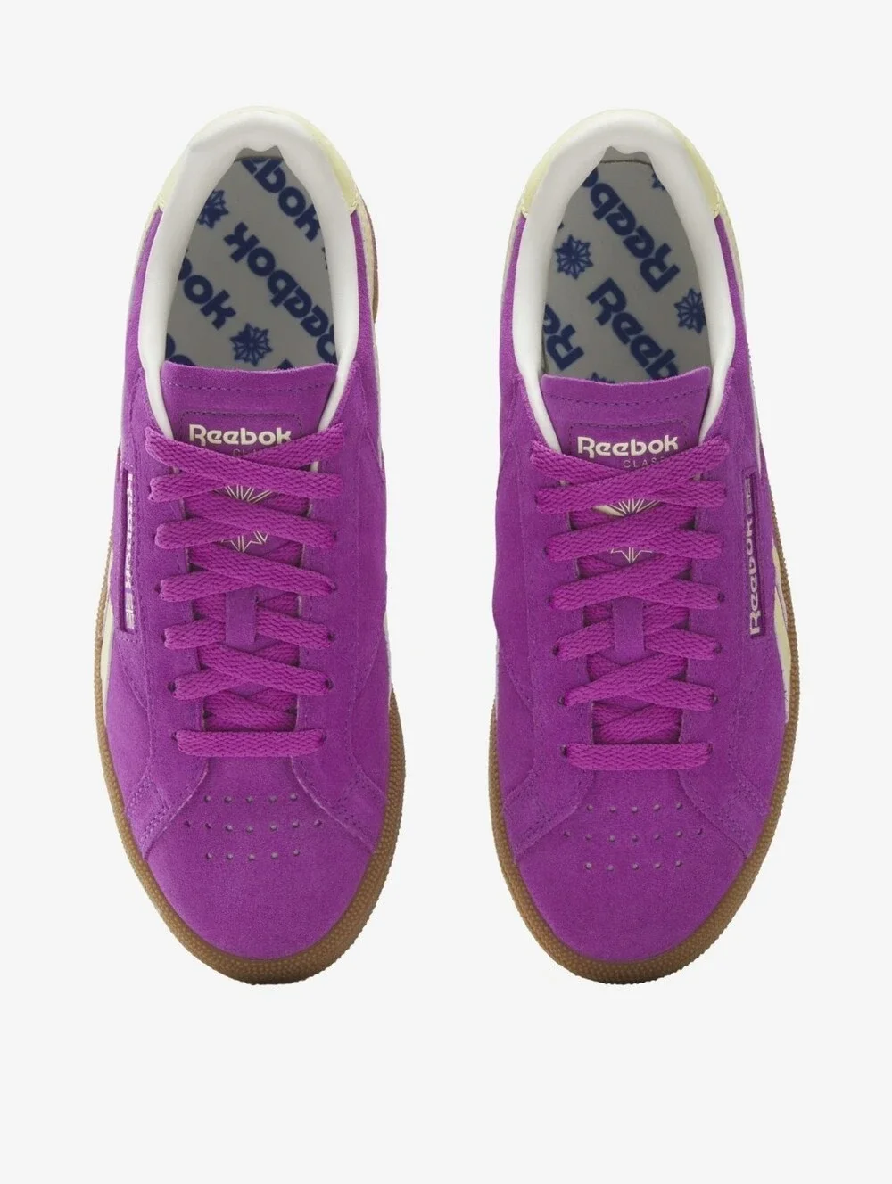 NWT Women's Reebok Club C Grounds UK in color Purple Rave/Chalk/Bleached Yellow.
